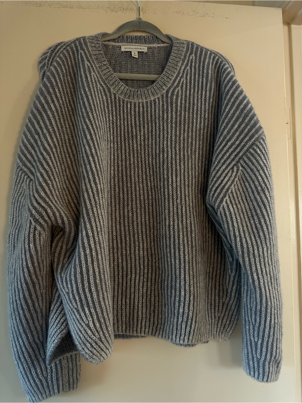 Banana Republic Blue and Gray Striped Ribbed Crewneck Sweater